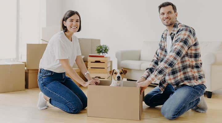 young smiling couple with their dog in a moving box